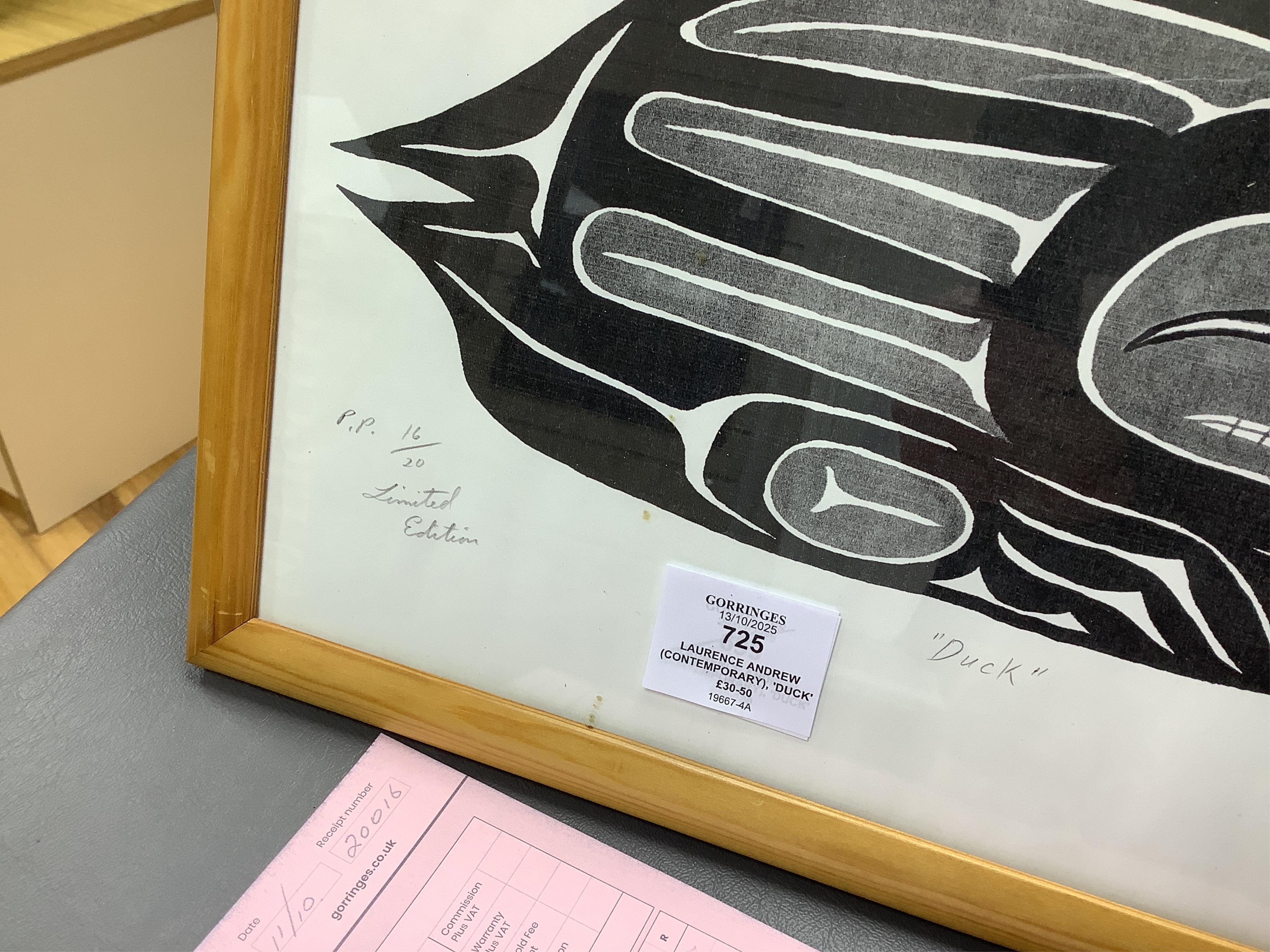 Laurence Andrew (contemporary), ‘Duck’, signed in pencil, dated 1999, limited edition 16/20, monochrome print, 27 x 24cm